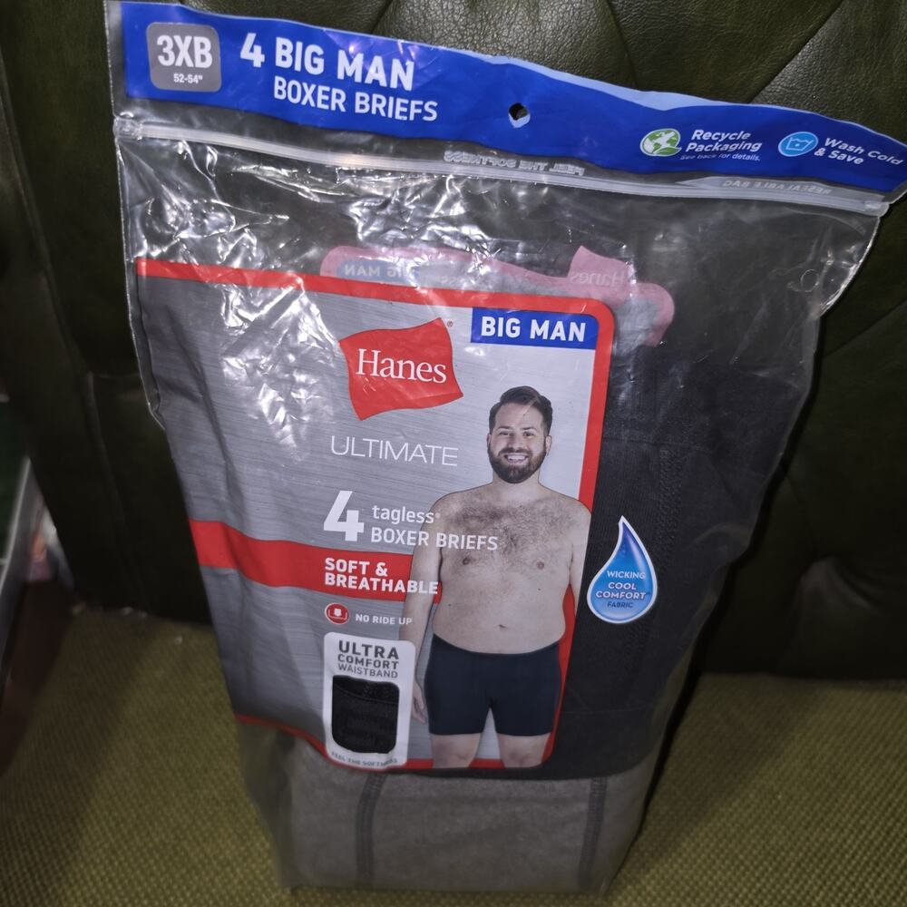 Hanes Ultimate Tagless Boxers 3XB (52-54") Set of 4 NIP Black Grey